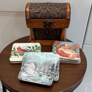Holiday Vintage Winter Scene Coaster Set and box  - Brown/Wood Tones